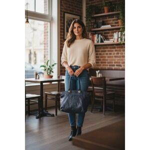 Banana Republic Leather Tote Bag Blue With Green Trim